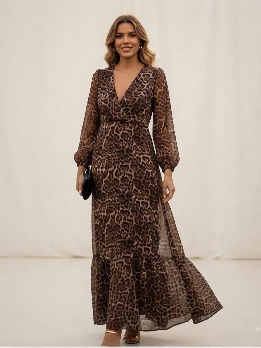 Iorane Sz S Leaopard Print Flowy Long Sleeves Bohemian Maxi Dress